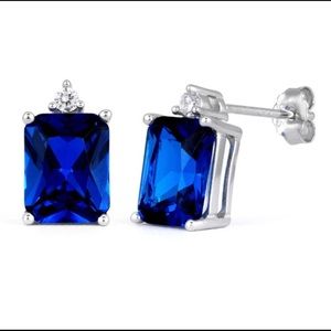 Sterling Silver Rectangular Blue Sapphire CZ Earrings